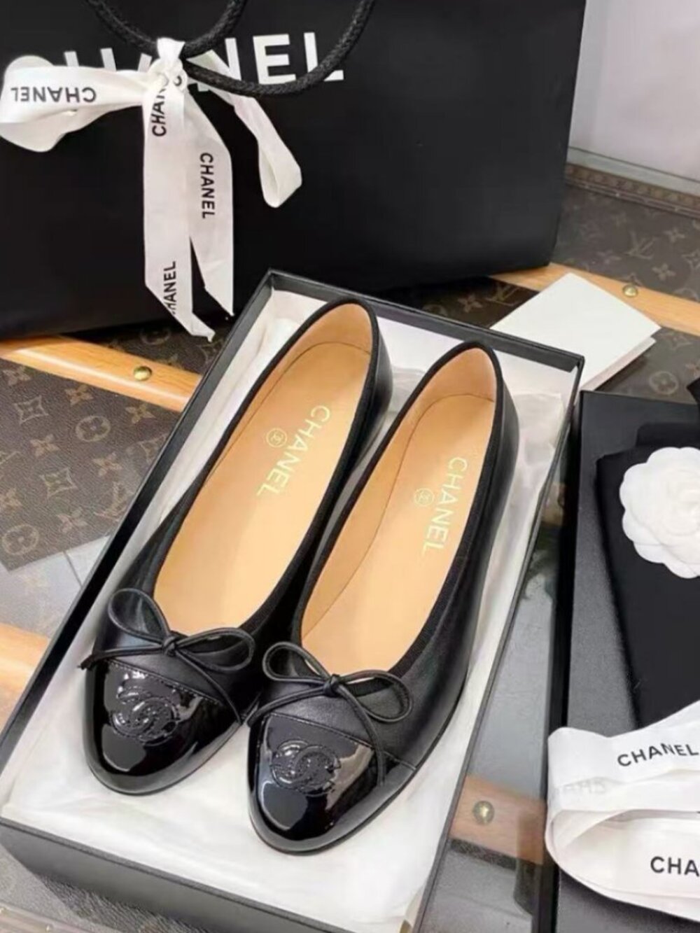 CHANEL Glossy Cap Toe Bow Ballet Shoes